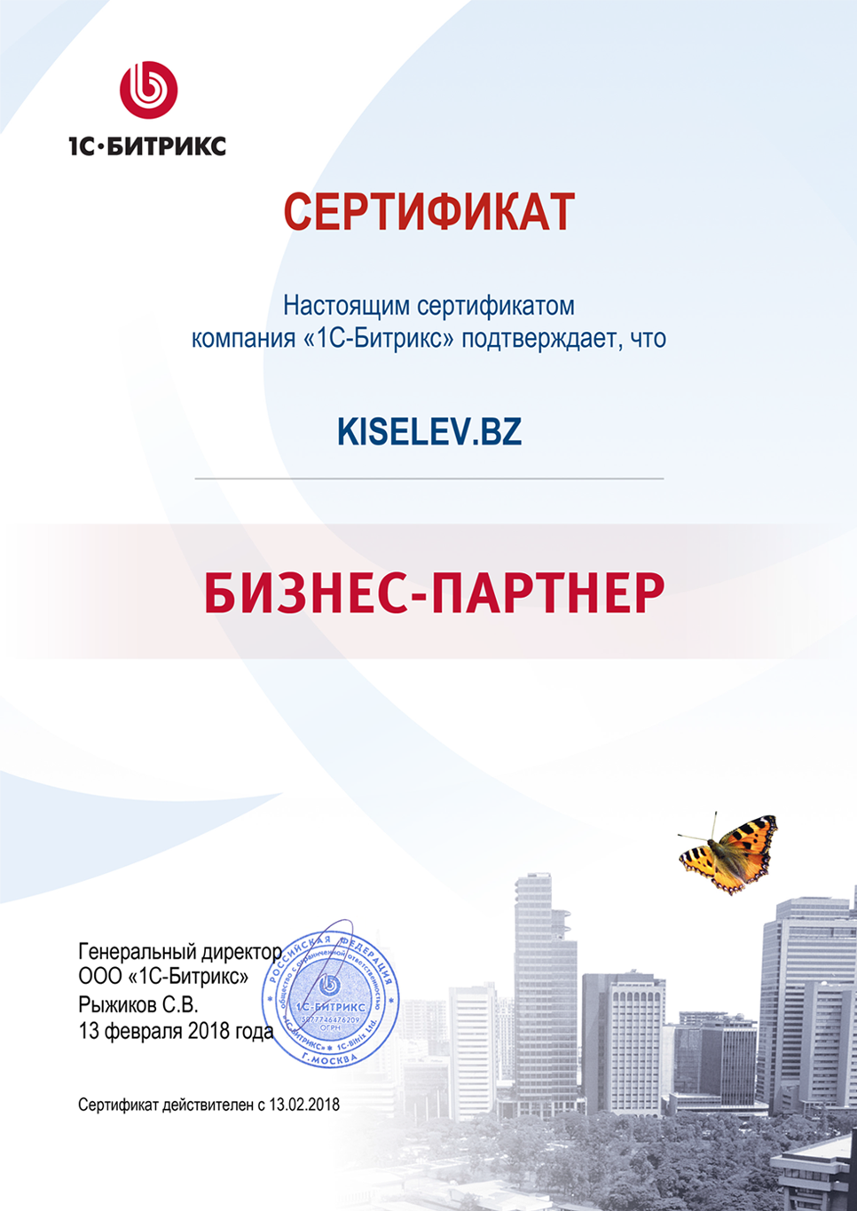 Сертификат партнёра по СРМ системам в Сызрани